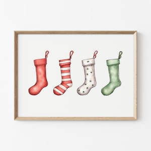 Minimal Christmas Stockings Print, Christmas Printable Wall Decor, Simple Christmas Watercolour Art, Vintage Holiday Illustration Painting