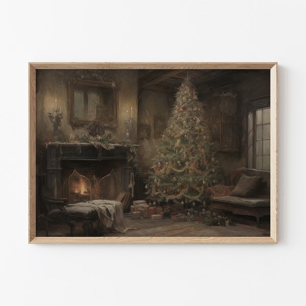 Rustic Christmas Painting, Moody Xmas Wall Art, Christmas Wall Decoration Vintage Printable Art, Dark Academia Christmas Tree Print