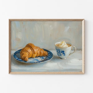 Croissant Print, Coffee and Croissant Painting, Vintage Kitchen Wall Decoration, French Bakery Painting, Minimalist Food Poster Art