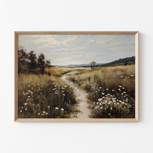 Printable Wild Meadow Field Painting, Vintage Meadow Country Land Path Landscape Painting, Wildflower Field Print, Country House Wall Decor