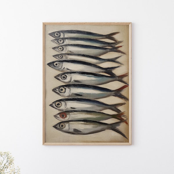 Printable Sardines Painting, Still Life Fish Painting, Sardines Print, Fish Restaurant Wall Decor, Rustic Animal Printable, Kitchen Wall Art