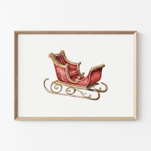 Vintage Red Santa's Sleigh Print, Christmas Printable Wall Decor, Minimal Christmas Watercolour Art, Vintage Holiday Painting Decors
