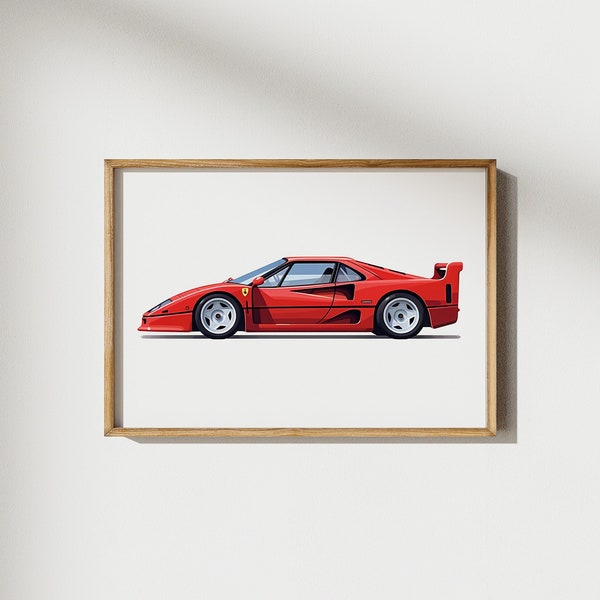 Ferrari F40 Car Print, Retro Ferrari Poster, Home Office Decor, Nursery Wall Art, Boys Room Decor, Digital Printable Art, Racing Car Poster