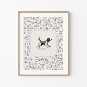 Vintage Patterned Spaniel Dog Printable Wall Decor, Neutral Baby Room Art, Whimsical Nursery Room Wall Decor, Miniature Dog Pencil Sketch