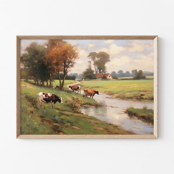 Printable Farm Land Painting, vintage Country Side Print, Spring Cows Landscape Print, Farmhouse Wall Decor, Digital Wall Print, Cow Print