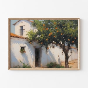 Printable Vintage Spanish House Painting, Orange Tree Painting, Antique Spanish Painting, Kitchen Wall Decor, Spanish House and Orange Tree