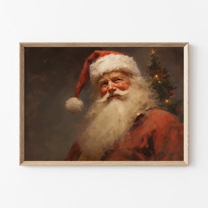 Portret Świętego Mikołaja Wydruk, Dekoracja do druku na Boże Narodzenie, Dekoracja ścienna do druku Noel, Sztuka ścienna w okresie świątecznym Malowanie olejne Cottagecore