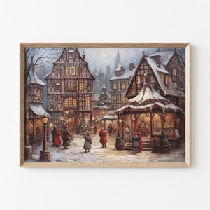 Tableau vintage d'un marché de Noël en Europe, impression de marché de Noël enneigé, décoration murale de village d'hiver confortable, impression murale de noyau de cottage