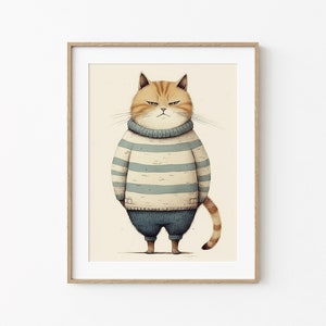 Fat Ginger Cat In Blue Sweater, Funny Cat Decor, Feline Cat, Fat Cat Modern Poster, Minimal Wall Art, Cute Cat In Sweater, Winter Cat Print