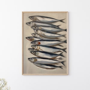 Printable Sardine Painting, Still Life Fish Painting, Sardines Print, Fish Restaurant Wall Decor, Antique Animal Printable, Sea Life Print