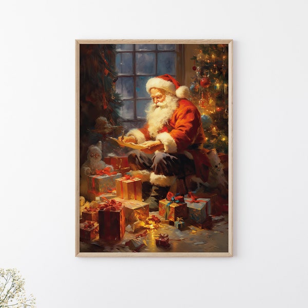Vintage Painting of Santa Claus Reading Preparing Gifts, Cozy Christmas Printable Wall Art, Winter Core Holiday Print, Christmas Wall Decor