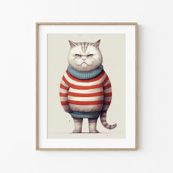 Obese Cat In Christmas Sweater, Funny Cat Decor, Feline Cat, Fat Cat Poster, Minimal Wall Art, Modern Cat Art Poster, Cute Cat In Sweater