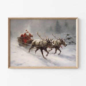 Santa and Reindeer Print, Christmas Reindeer Printable, Christmas Printable Wall Decor, Festive Season Wall Art, Santa Claus Winter Painting