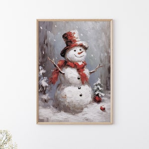 Snowman Christmas Oil Painting, Vintage Christmas Winter Wall Decor, Xmas Holiday Season Wall Decoration, Printable Cute Christmas Wall Art