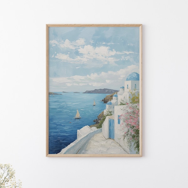 Vintage Santorini Print, Mediterranean Style Wall Decor, Greece Oil Painting, Muted Wall Decoration, Seascape Wall Art, Coastline Printable