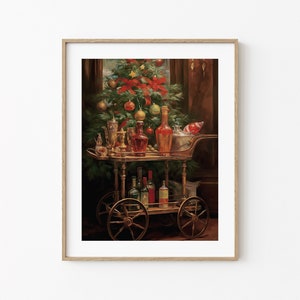 クリスマスのお祝いの絵画、ヴィンテージの食べ物と飲み物のバーカートの油絵、冬のホリデーシーズンの壁の装飾、居心地の良いクリスマスの印刷可能な壁アート