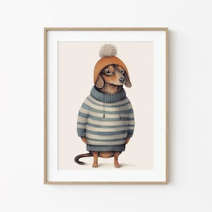 Dachshund In Winter Mood, Funny Dog Decor, Cozy Dog Wall Art, Sausage Dog Modern Poster, Minimal Wall Art, Dog Lover Gift Wall Art Printable