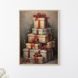 Vintage Painting Stacked Christmas Gift Boxes, Cozy Christmas Printable Wall Art, Cottage Core Holiday Decoration, Christmas Wall Art Decor