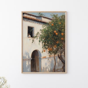 Printable Vintage Spanish House Painting, Orange Tree Painting, Antique Spanish Painting, Kitchen Wall Decor, Spanish House and Orange Tree