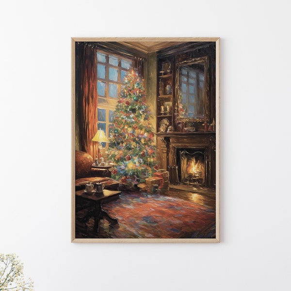 Warm Reading Corner With Christmas Tree, Comfy Christmas Wall Art, Digital Download Xmas Printable Art, Holiday Season Wall Decoration