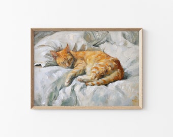 Orange Cat Painting, Ginger Cat Antique Decor, Vintage Cat Wall Print, Cat Print Wall Decor, Animal Wall Art, Tabby Feline Cat Oil Painting