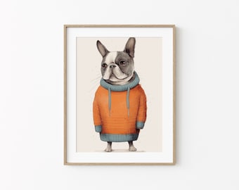 Frenchie in Orange Sweater, Funny Dog Decor, Grumpy Dog Wall Art, French Bulldog Modern Poster, Minimal Wall Art, French Bulldog Lover Gift