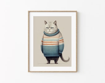 Gatto paffuto in maglione accogliente, arredamento divertente del gattino, arte del gatto divertente, poster del gatto grasso, arte della parete minima, poster d'arte del gatto moderno, stampa della parete del gatto scontroso