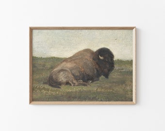 Printable Vintage Bison Painting, Farm Animal Vintage Print, Bison In The Landscape Printable Wall Decor, Country Side Farm House Wall Art