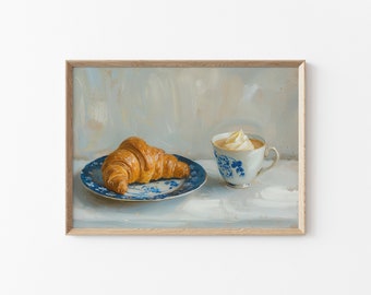 Croissant Print, Coffee and Croissant Painting, Vintage Kitchen Wall Decoration, French Bakery Painting, Minimalist Food Poster Art