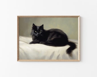 Printable Vintage Black Cat Painting, Black Maine Coon Print, Cat Vintage Print, Cat Print Wall Decor, Animal Wall Print, Black Cat Prints