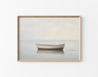 Printable Minimal Boat Painting, Vintage Boat Painting, Ocean House Wall Decor Print, Sea Wall Painting, Neutral Minimal Fishing Boat Print