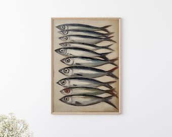 Printable Sardines Painting, Still Life Fish Painting, Sardines Print, Fish Restaurant Wall Decor, Rustic Animal Printable, Kitchen Wall Art