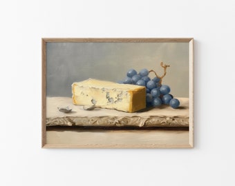 Printable Vintage Cheese Painting, Grape and Cheese Still Art Painting, Minimal Wall Decor, Kitchen Wall Painting, Fruit Still Life Painting