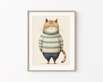 Gatto rosso grasso in maglione blu, arredamento gatto divertente, gatto felino, poster moderno gatto grasso, arte da parete minimale, gatto carino in maglione, stampa gatto invernale