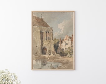 Vintage Church and House Print, Old Church in Europe Painting, Neutral Muted Tone Wall Decor, Watercolor Antique Printable