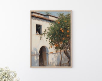 Printable Vintage Spanish House Painting, Orange Tree Painting, Antique Spanish Painting, Kitchen Wall Decor, Spanish House and Orange Tree