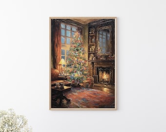 Warm Reading Corner With Christmas Tree, Comfy Christmas Wall Art, Digital Download Xmas Printable Art, Holiday Season Wall Decoration