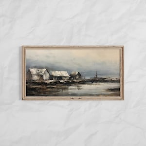 Printable Panoramic Abstract Village Paint, Panoramic Vintage Moody Art Printable, Panoramic Wall Art Printable, Rustic Panoramic Print