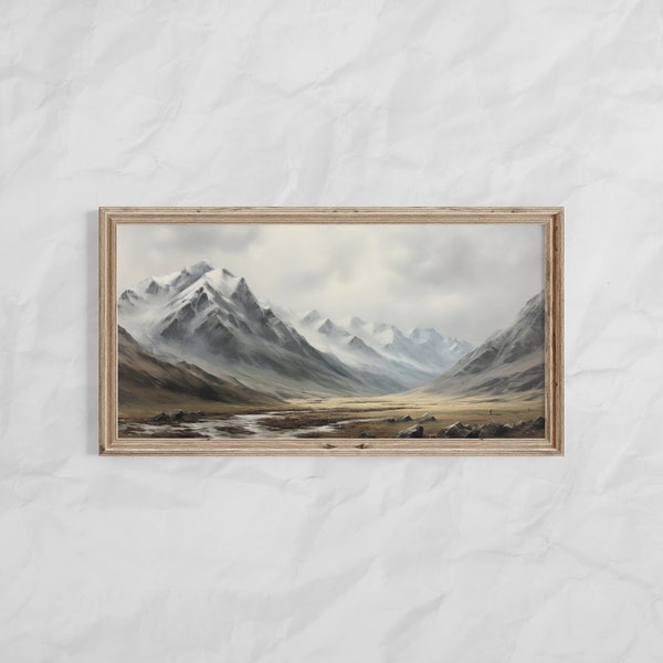 Printable Panoramic Moody Mountain Scape Oil Painting Print, Panoramic Rustic Landscape Print, Rustic Wall Decor Print, Realistic Wall Print