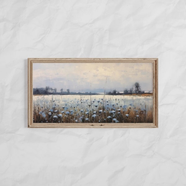 Printable Panoramic Blue Wildflower Field Landscape Oil Painting, Panoramic Vintage Landscape Art Printable, Rustic Wall Decor Printable