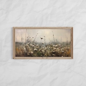 Pittura a olio di paesaggio di campo di fiori selvatici bianco panoramico stampabile, stampa artistica di paesaggio vintage panoramico, decorazione della parete di casa di campagna stampabile
