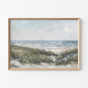 Blaue Wildblumen Malerei, Neutral Meer Landschaft, Strandhaus Gedämpften Wand Kunst, Frühling Wand Bedruckbar, Vintage Minimal Wanddekoration