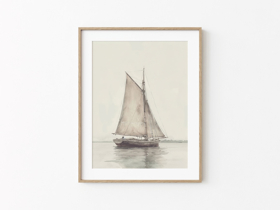 Vintage Sailboat Print, Nautical Wall Decor, Neutral Oil Painting ...