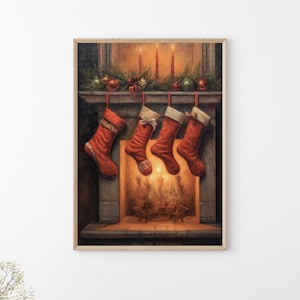 Christmas Stockings By The Fireplace Print, Vintage Holiday Winter Decoration, Xmas Season Wall Decor, Dark Academia Rustic Printable Art