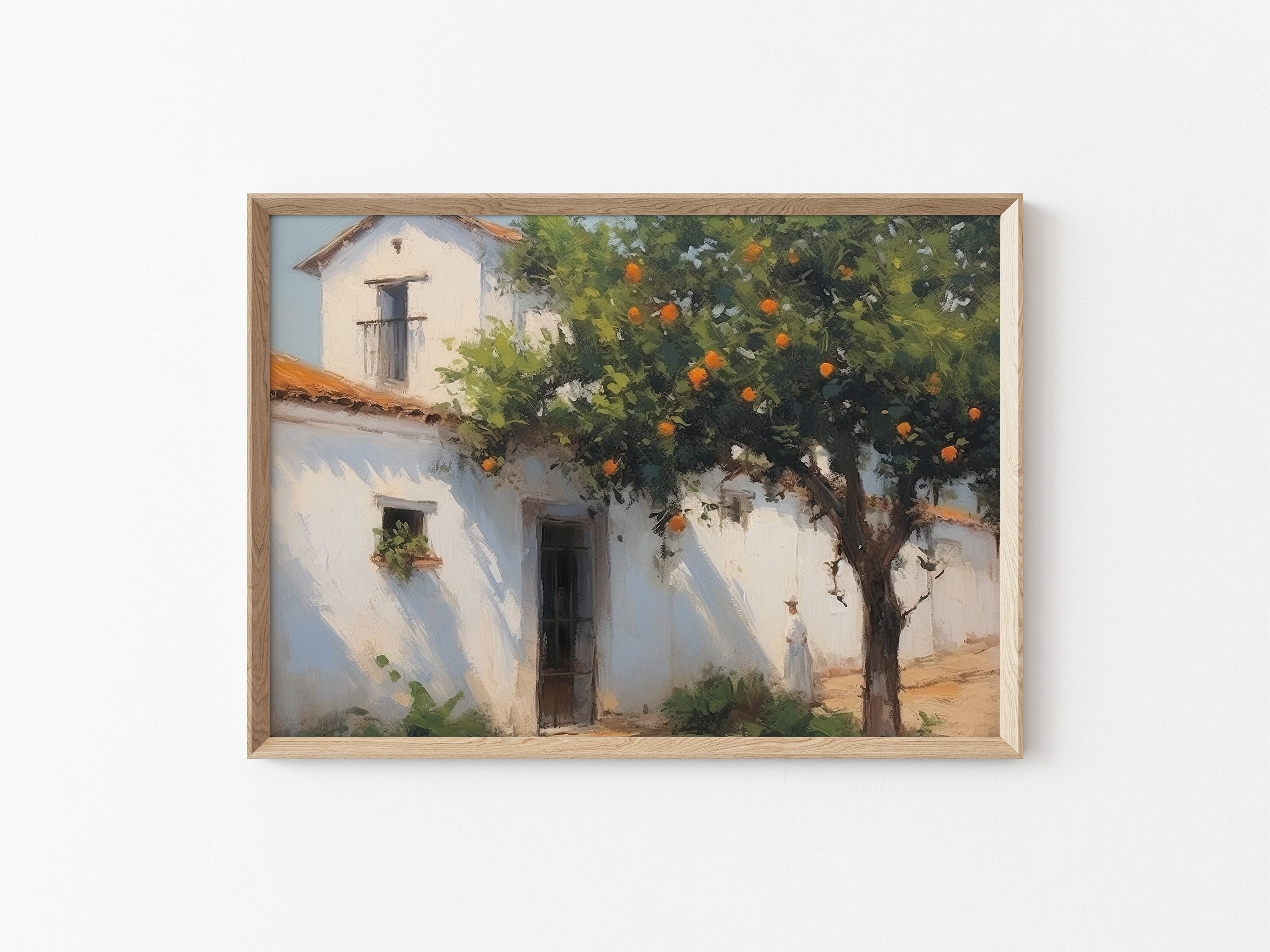 Printable Vintage Spanish House Painting, Orange Tree Painting, Antique Spanish Painting, Kitchen Wall Decor, Spanish House and Orange Tree