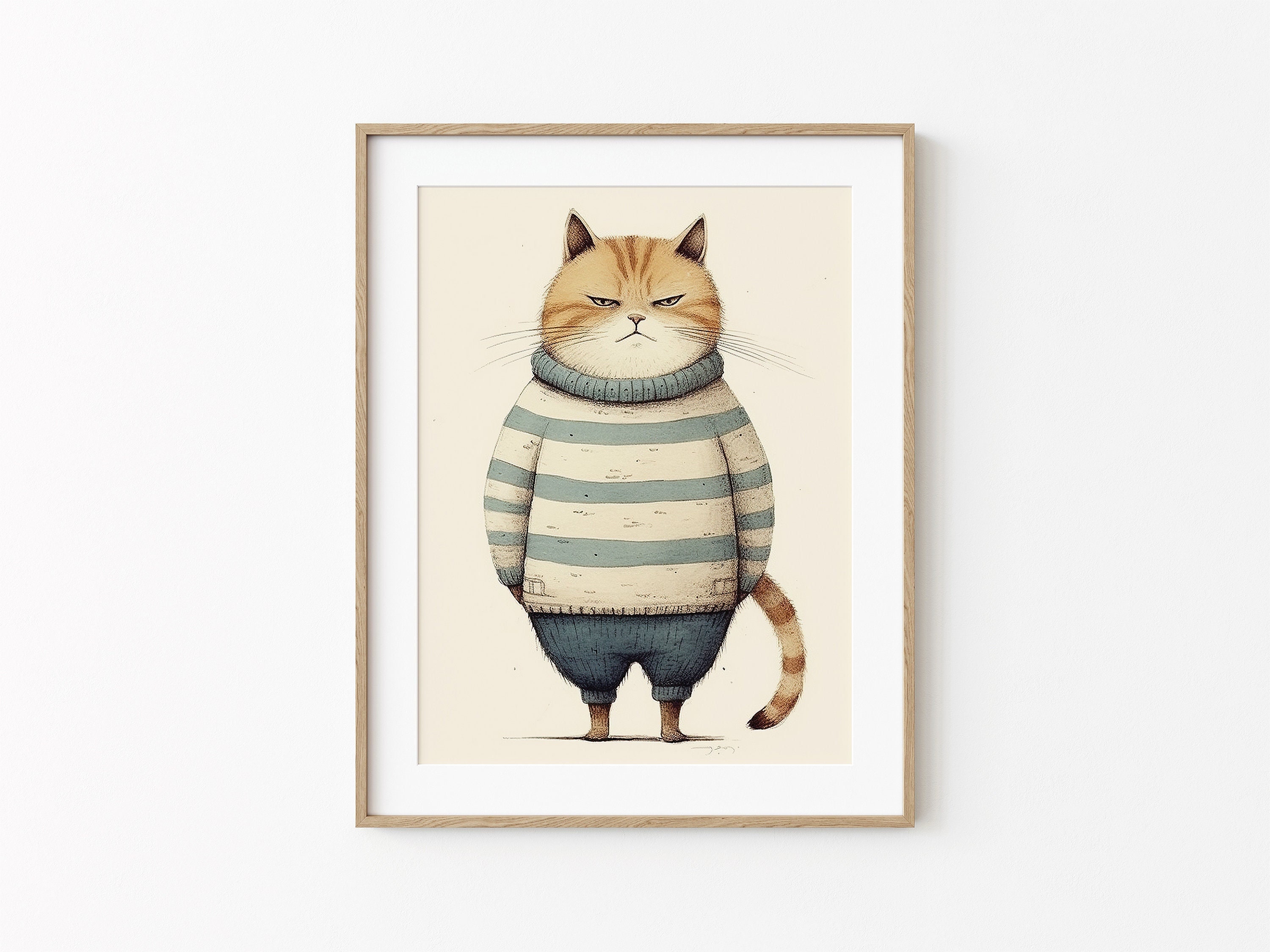 Fette Ingwer Katze im blauen Pullover, Katzen Dekor, Feline Katze, fette  Katze Modernes Poster, Minimale Wandkunst, süße Katze im Pullover, Winter, image size:3000x2250