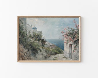 Greece Wall Art, Santorini Sunny Spring Seascape Print, Blue White Wall Decor, Coastline Vintage Oil Painting Printable Greek Wall Art