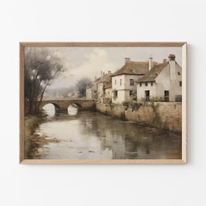 Printable Vintage European Village Painting, Country Road Painting, Rustic Village Print, Country House Wall Decor, River and House Painting