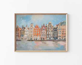 Amsterdam Print, Vintage Amsterdam Houses Painting, Pastel Soft Neutral Printable Wall Decor, European Cityscape, Amsterdam Canal Print