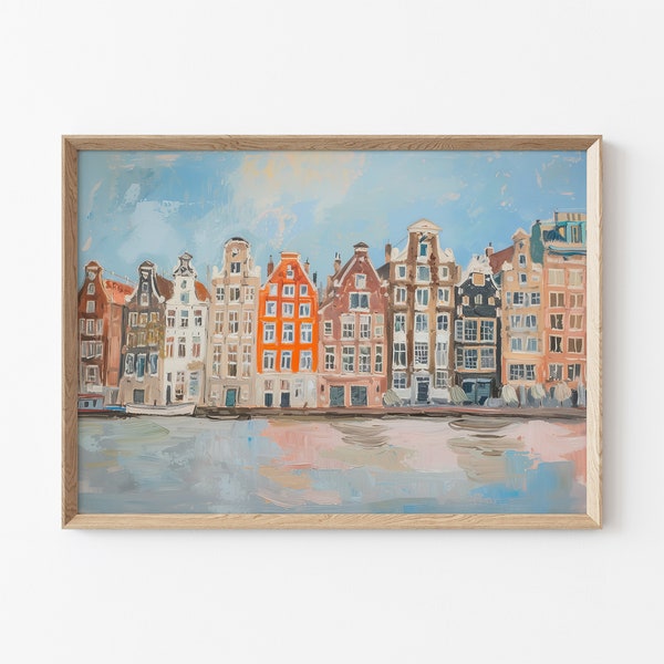 Amsterdam Print, Vintage Amsterdam Houses Painting, Pastel Soft Neutral Printable Wall Decor, European Cityscape, Amsterdam Canal Print